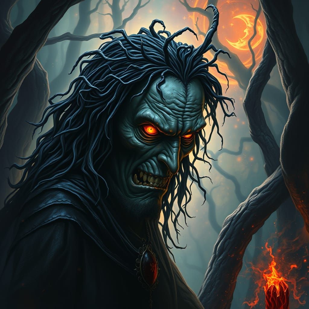 Ancient Sorceress in Dark, Mystical Forest