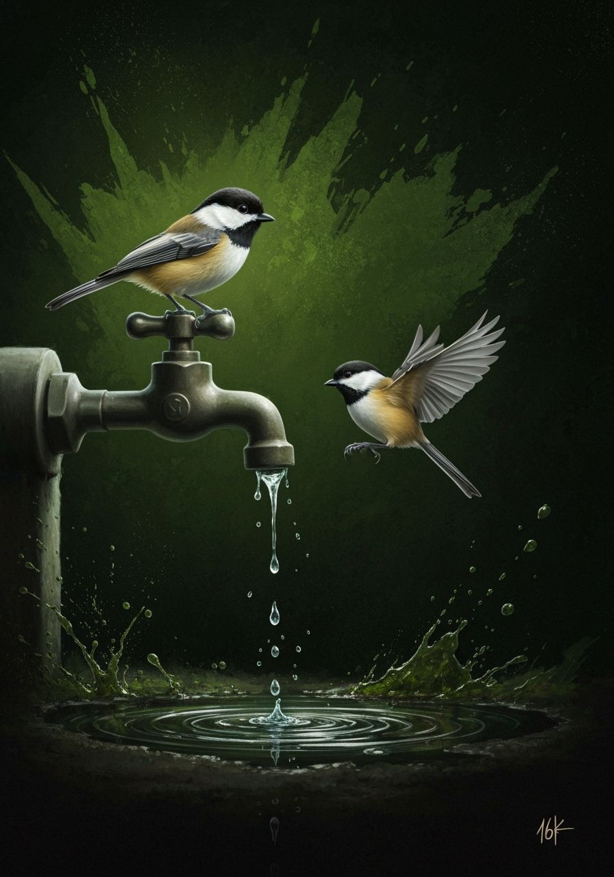Chickadee Perched on Spigot, Oil Painting