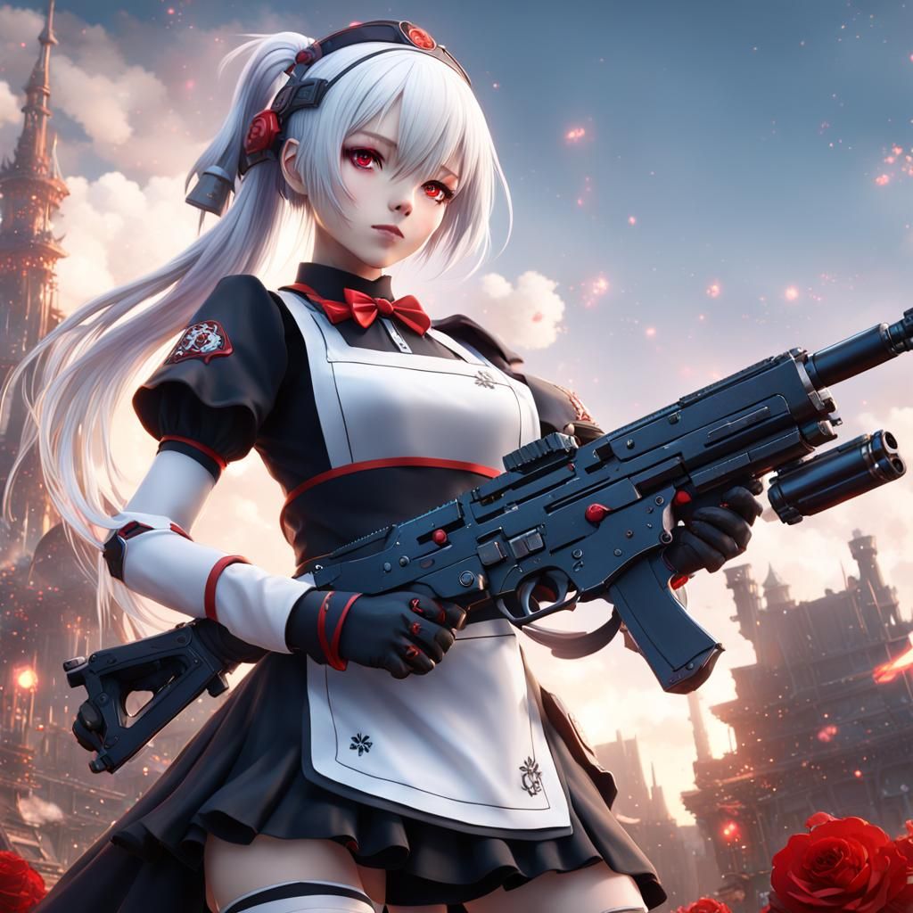 Anime Maid Robot with Gun in Detailed Digital Art