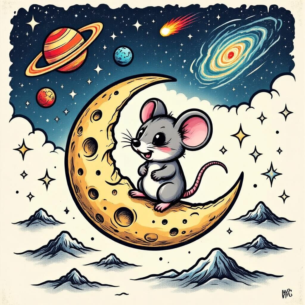 Chibi Mouse on Moon in Sailor Jerry Tattoo Style