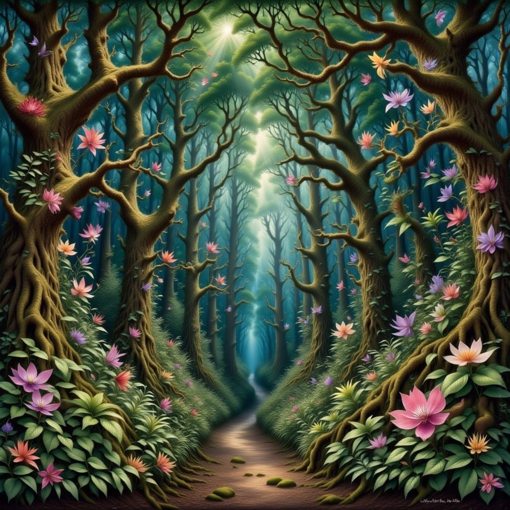 Lush Rainforest with Orchids in Tropical Landscape Style