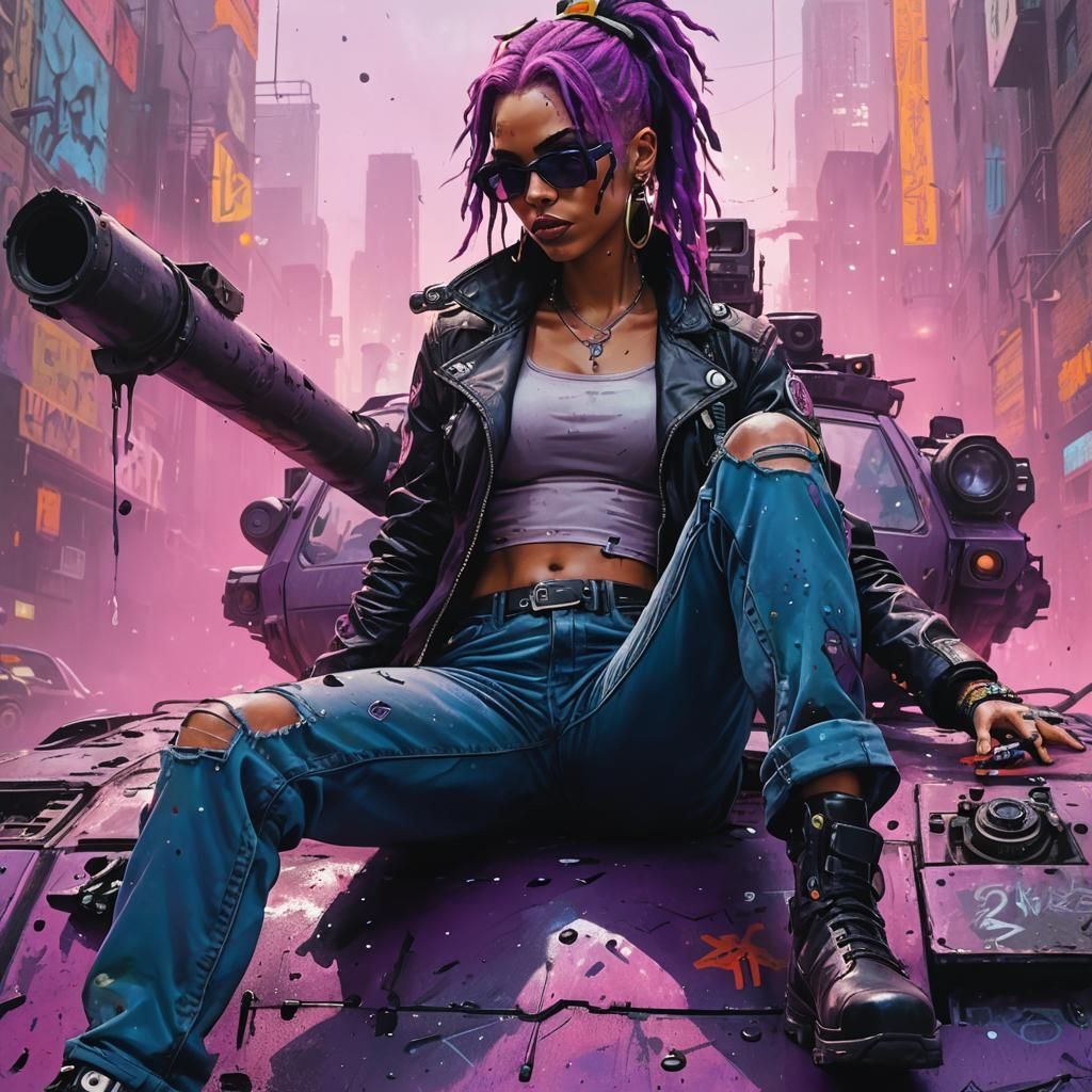 Tank Girl in Cyberpunk Cityscape Street Art
