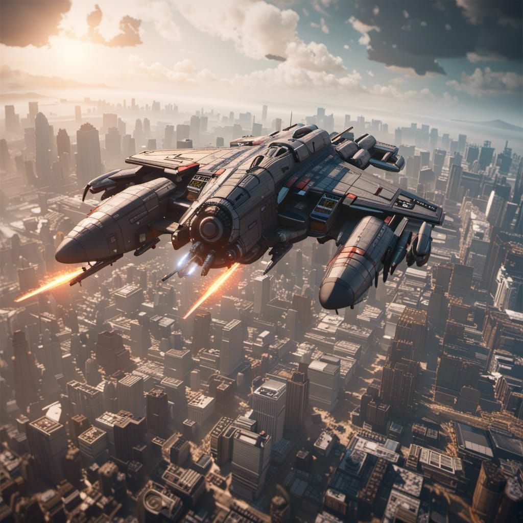 Gunship Descends Over War-Torn City: Cinematic 3D Render
