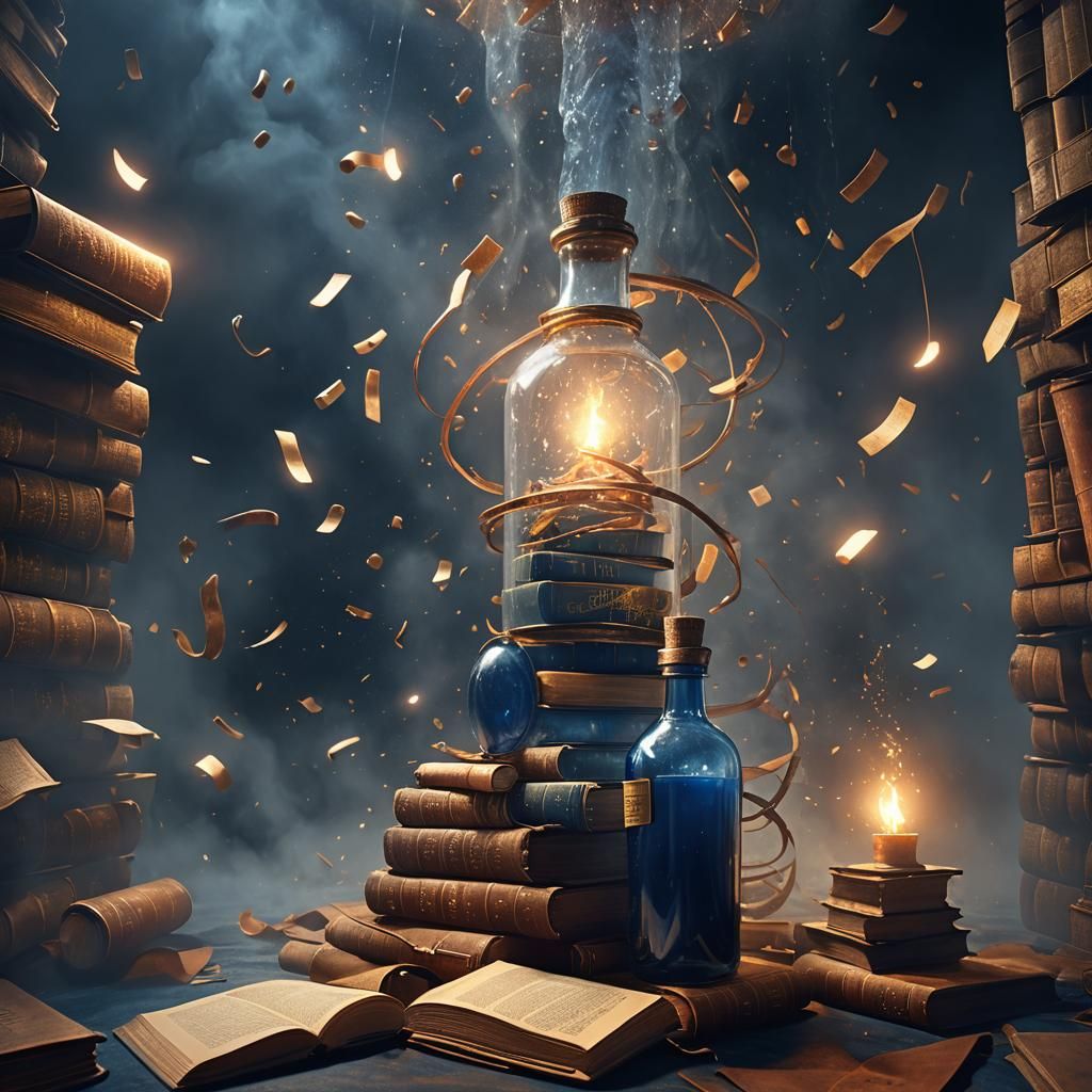 Books Vortex in Glass Bottle, Cinematic Digital Art