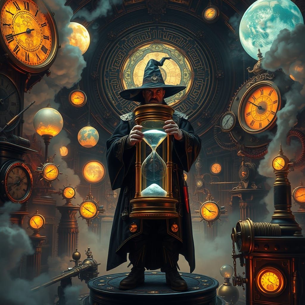 Steampunk chronomancer wizard  in a mystical clockwork labor...