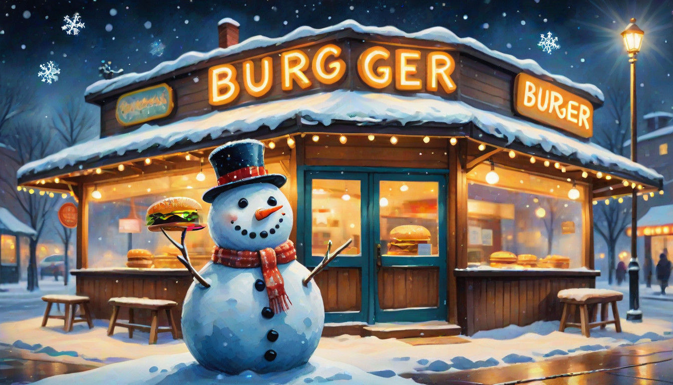 Whimsical Snowman by a Cozy Burger Joint in Dreamy Watercolo...