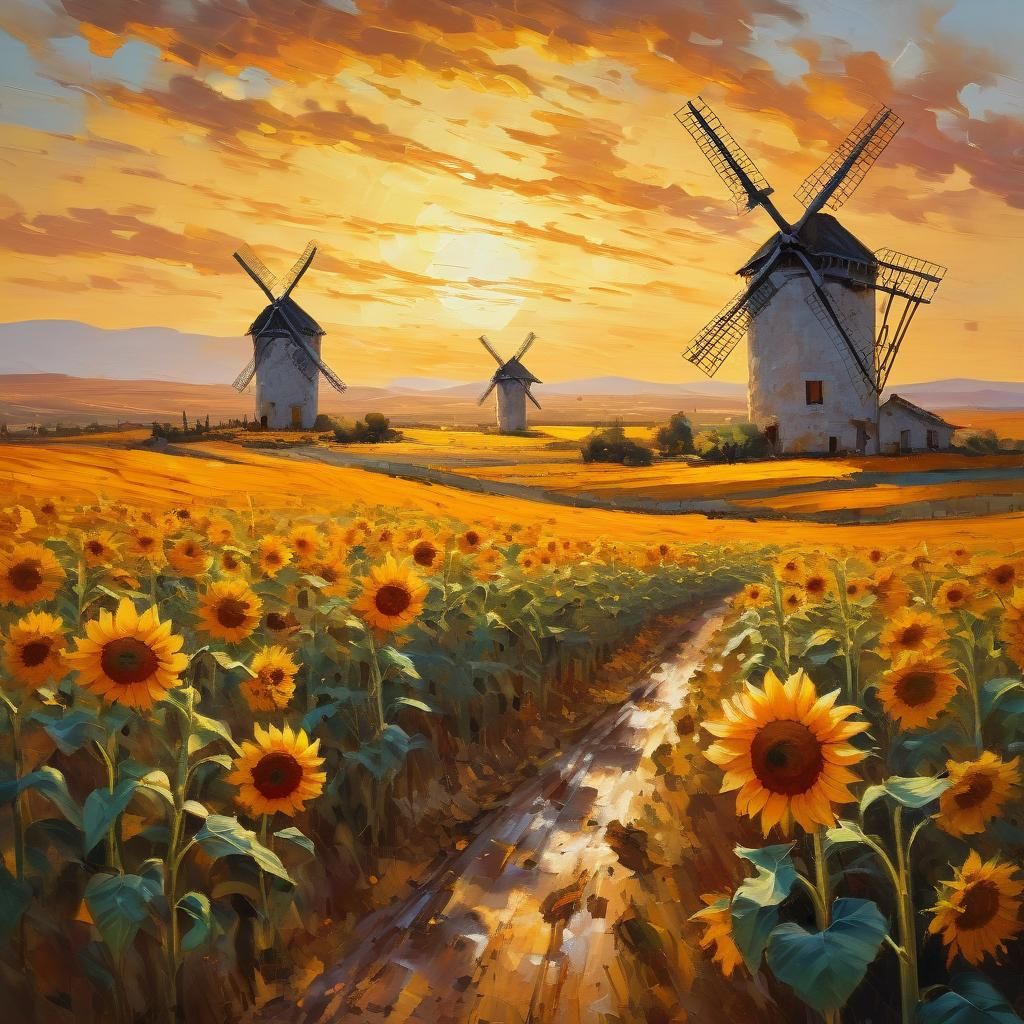 Spanish Windmills in Sunflower Fields: Impressionist Oil Pai...