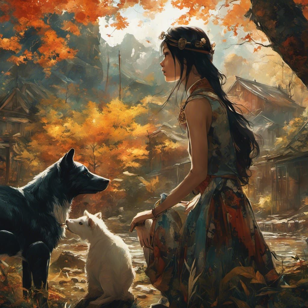 Girl with Animal Friends in Detailed Digital Art
