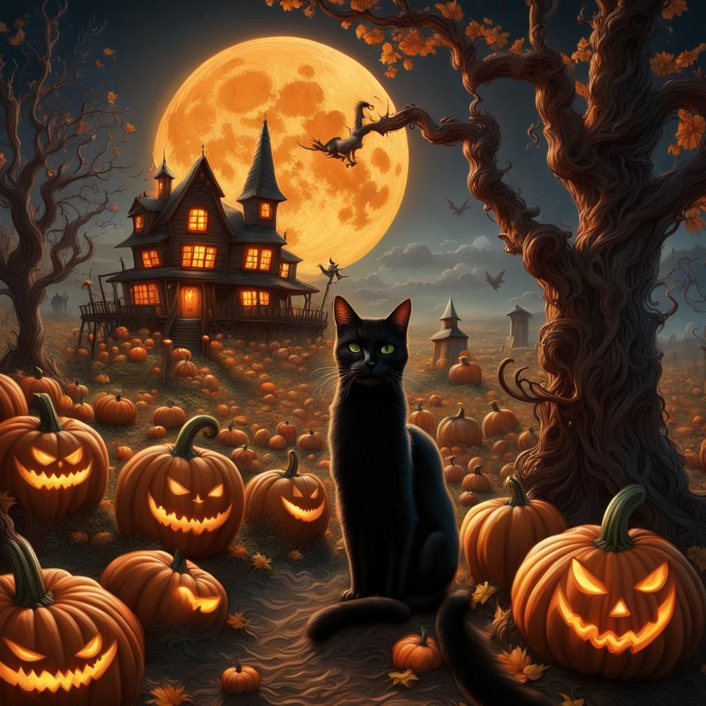 Intricately Carved Pumpkins in a Patch