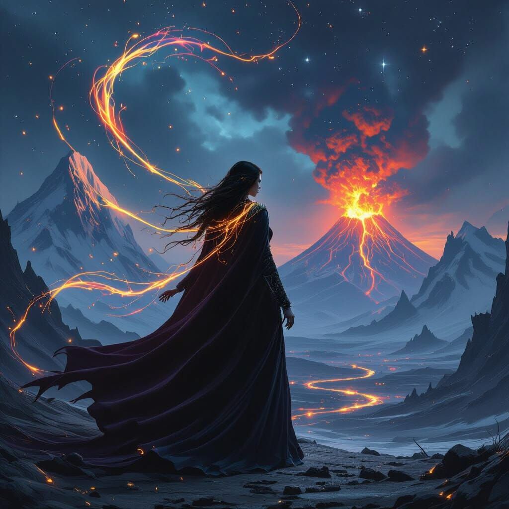 Sorceress Amidst Snowy Peaks and Volcanic Eruption