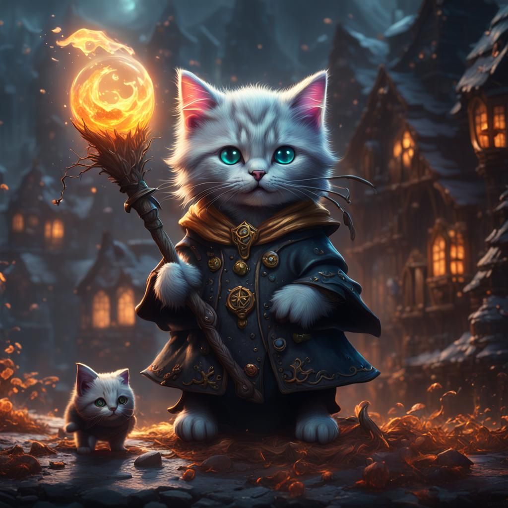 Whimsical Witch Kitten in Detailed Digital Painting