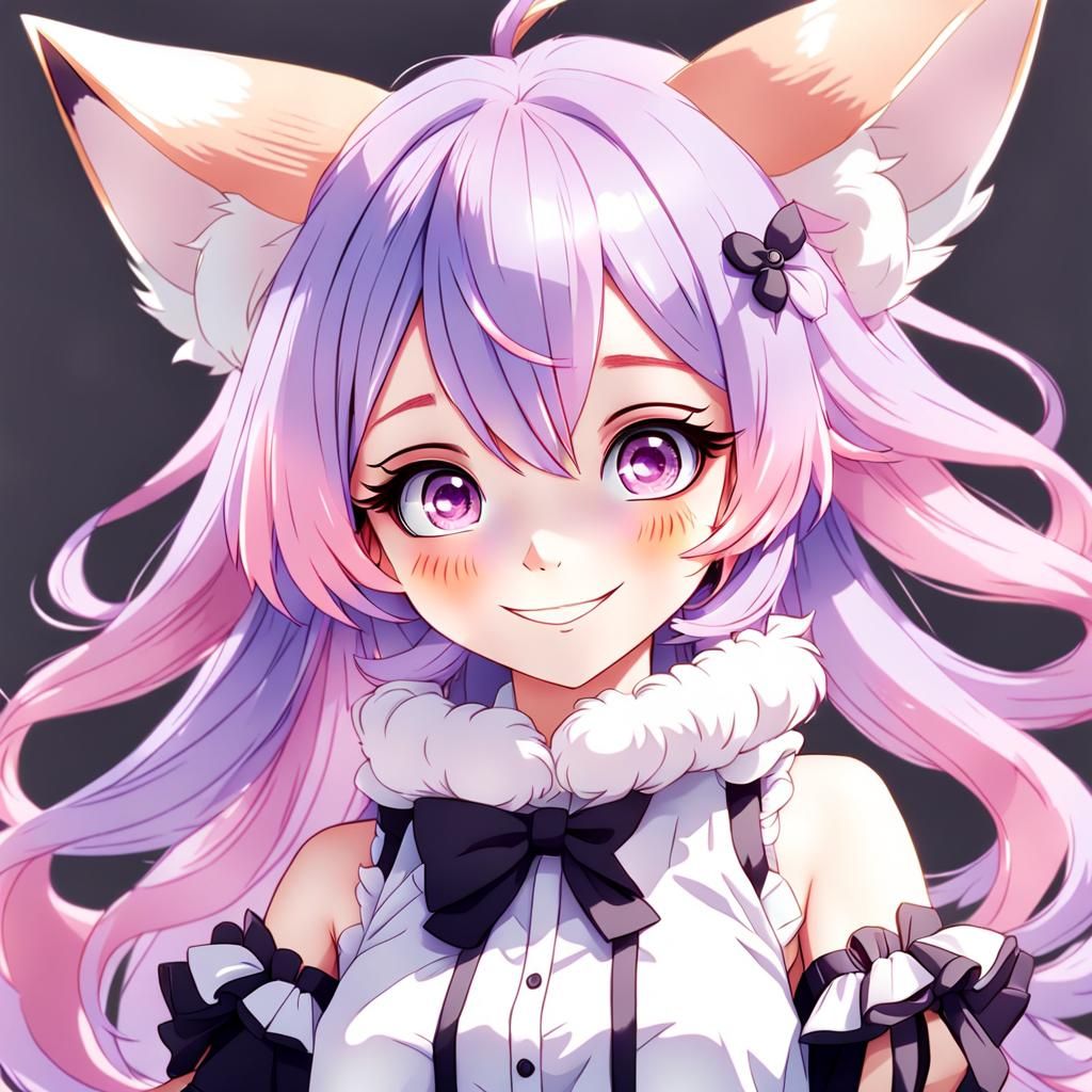 Smiling Fox Anime Girl with Pastel Hair