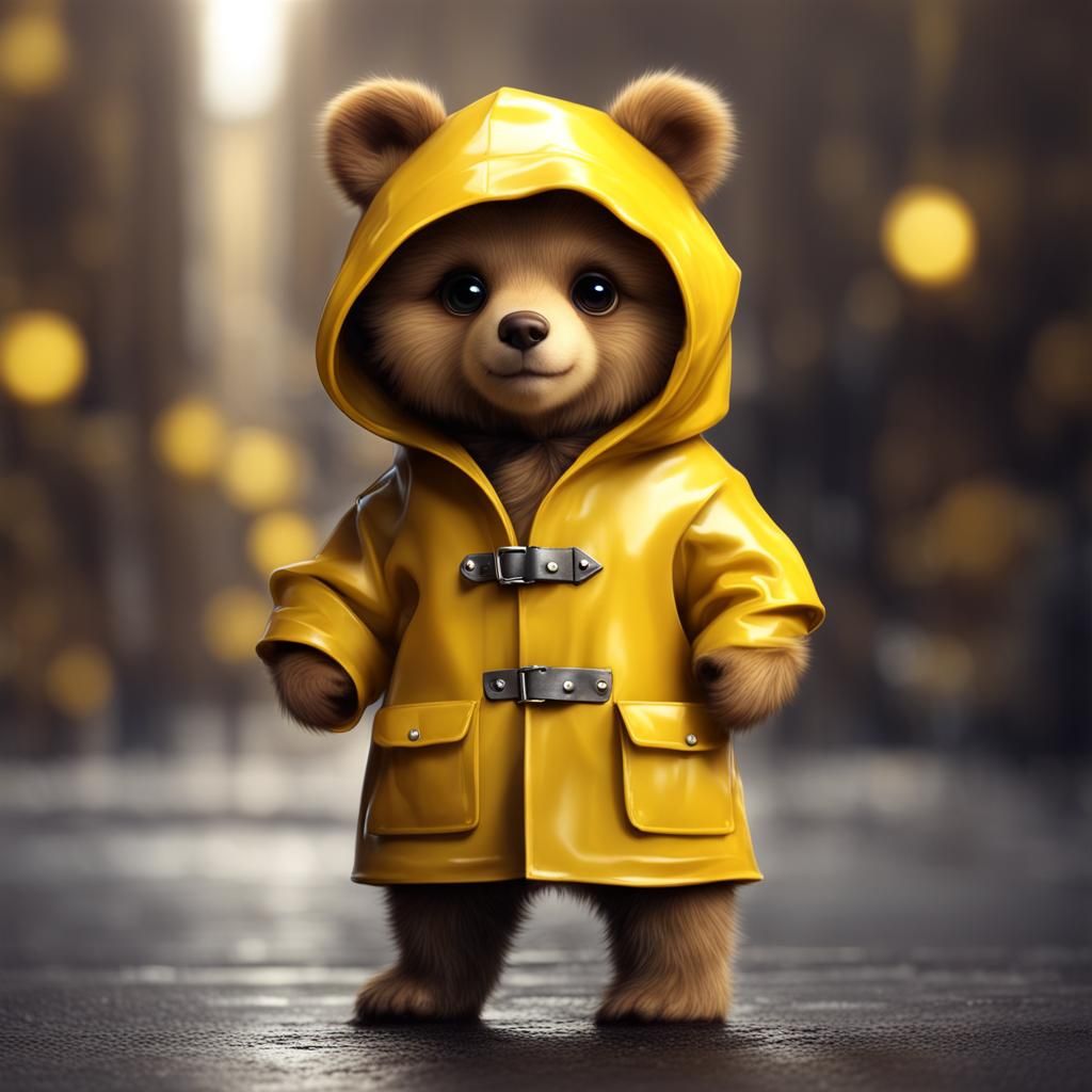 Adorable Chibi Bear in Raincoat, Digital Art