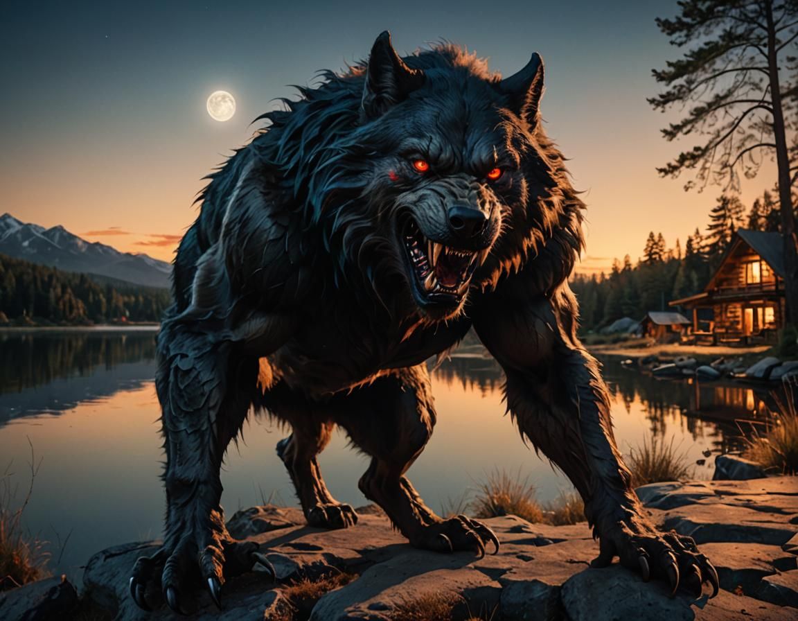 Werewolf Bares Fangs Under Moonlit Sky