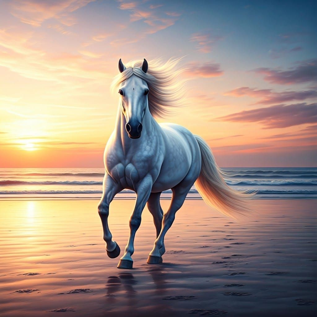Majestic White Horse Galloping on Misty Beach
