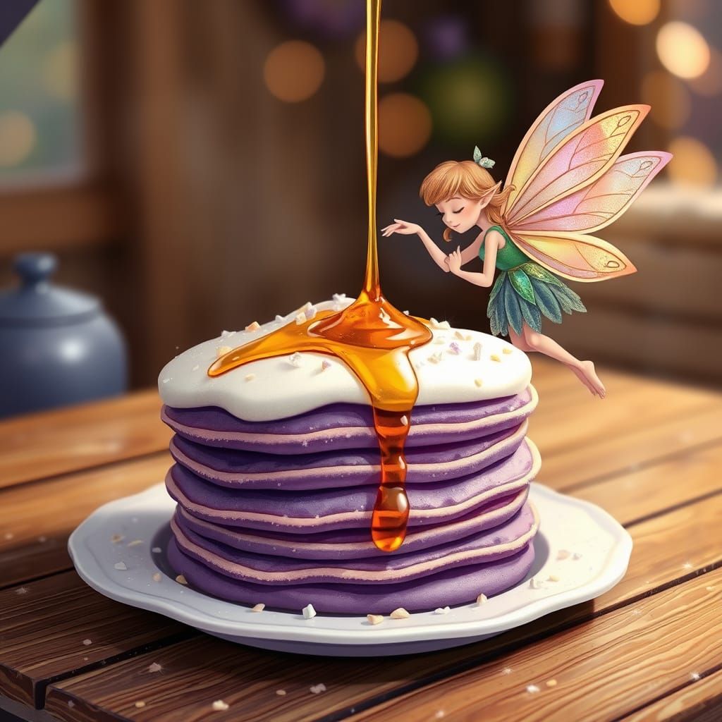 Fairy Pours Syrup on Purple Pancakes with Crystal Sprinkles