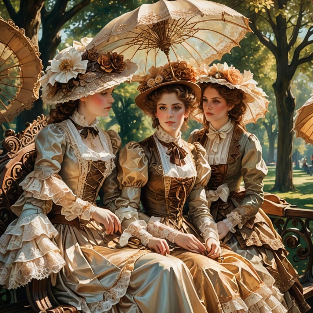 Steampunk Victorian Ladies in a Sunlit Park: Oil Painting