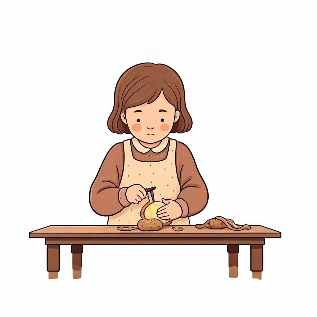 Girl Peeling Potato: Line Art Coloring Page