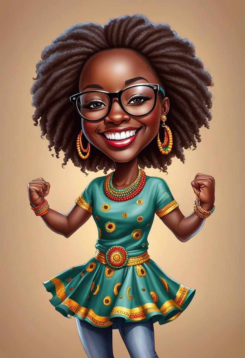 Dancing Caricature of Girl with African Features