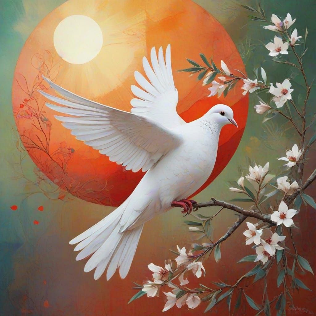 Glowing Dove with Blossoms in Surreal Cubist Style
