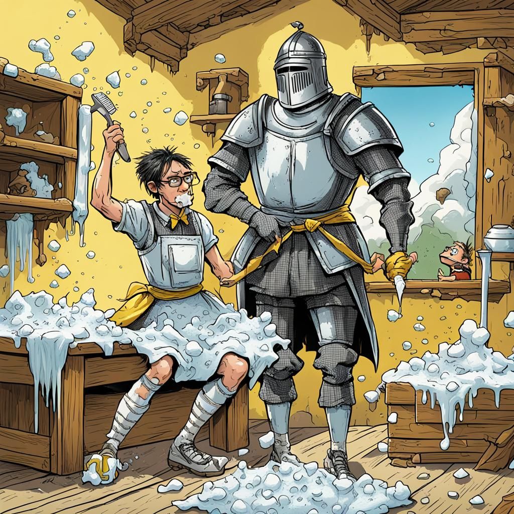 Humorous Medieval Knight Shaving Mishap