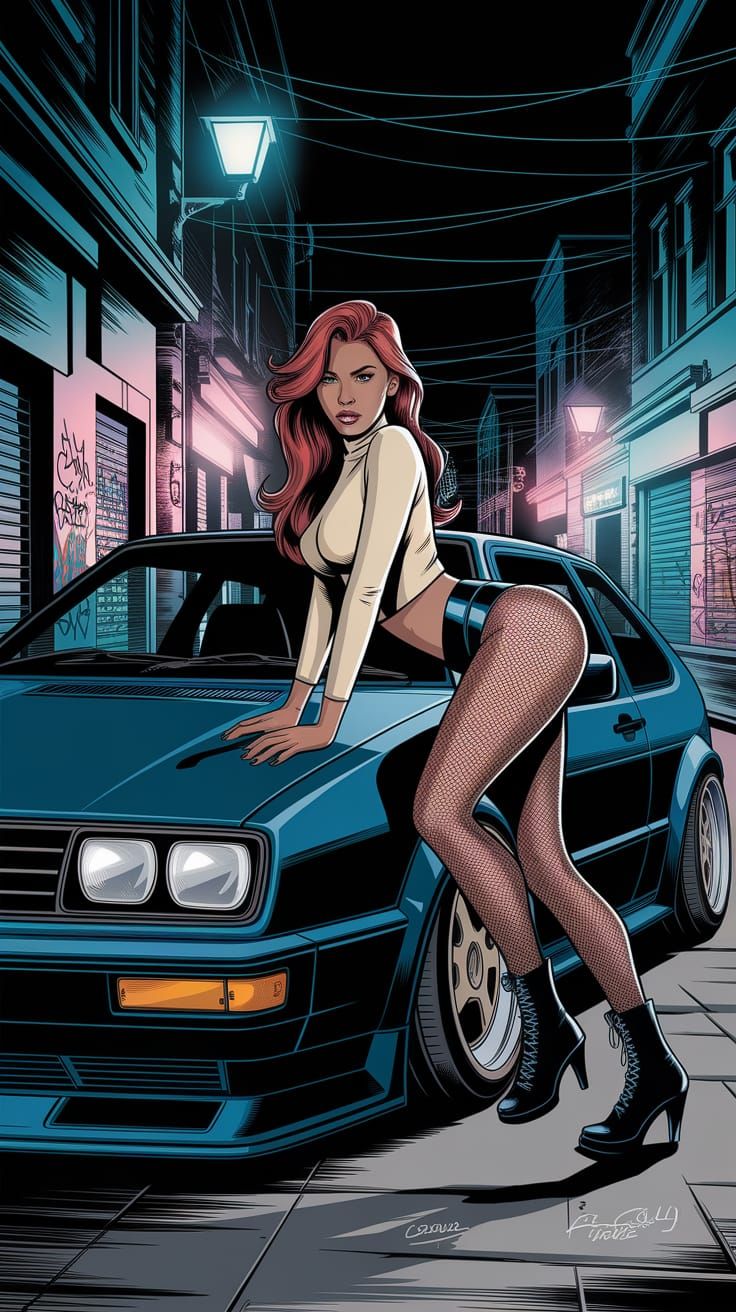 Comic Book Style: Woman with Red Hair in Urban Scene