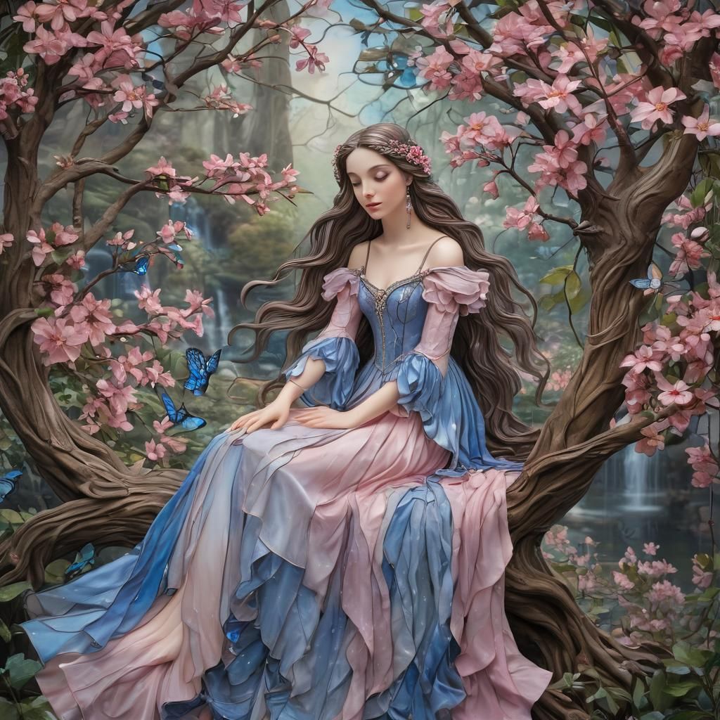 Stained Glass Fairy on Branch with Waterfalls