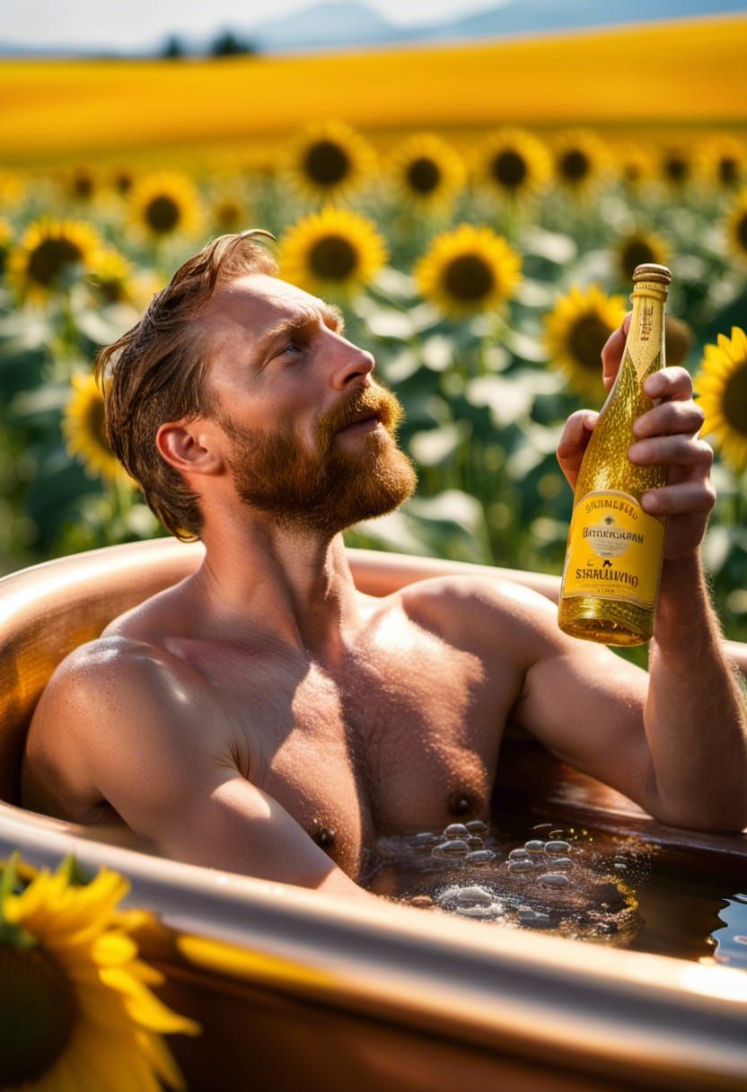Van Gogh bathing and enjoying the view while "cutting loose" and sipping on Italian mineral water.