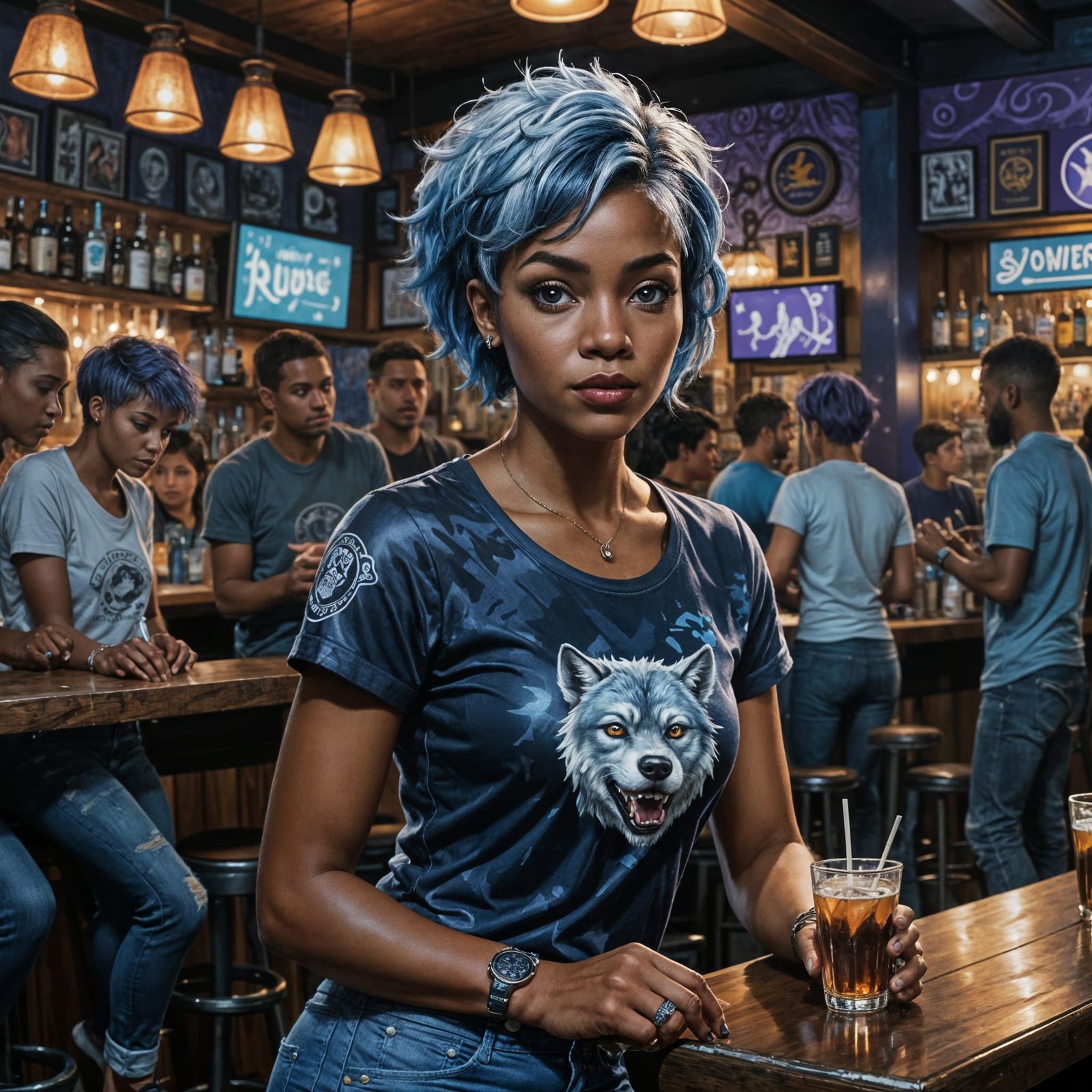 Ebony Beauty at Bar in Oil Painting Style