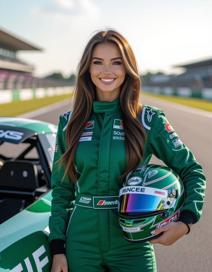 Russian Racing Woman with Helmet Beside Formula Car
