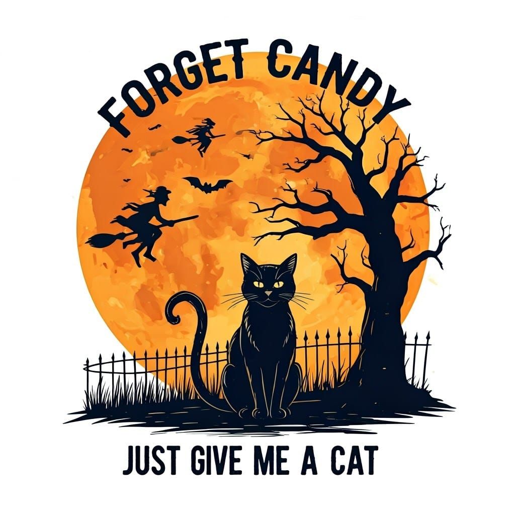 Black Cat and Halloween Moon in Humorous Style