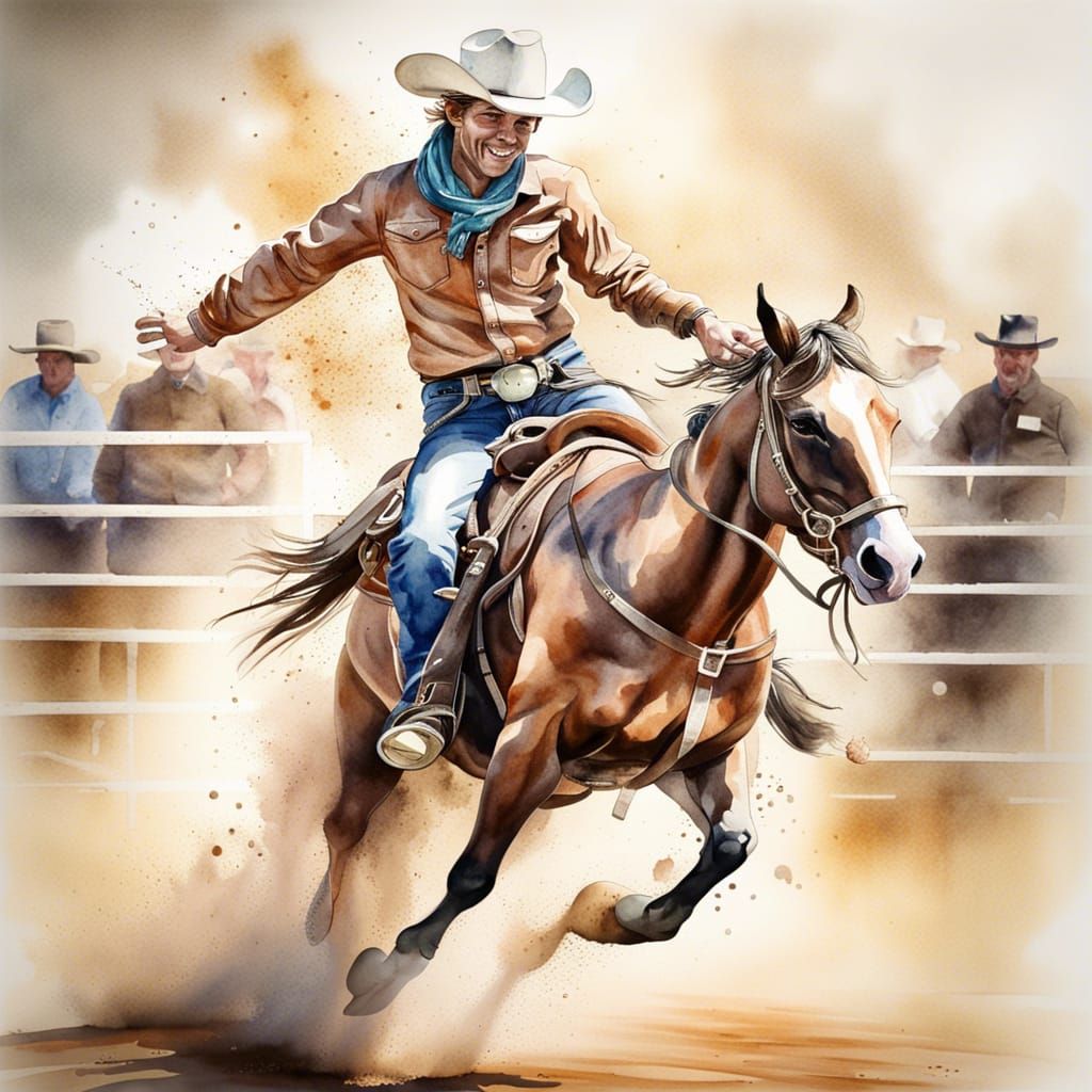 Rodeo Cowboy on Bucking Bronco in Watercolor Style