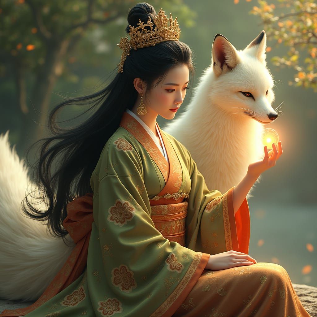 Regal Japanese Woman Rides Nine-Tailed Fox in Elegant Edo Pe...