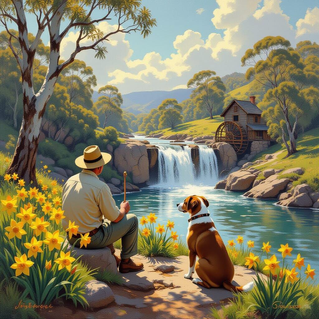 Man and Staffy Admire Waterfall View in Oil Painting