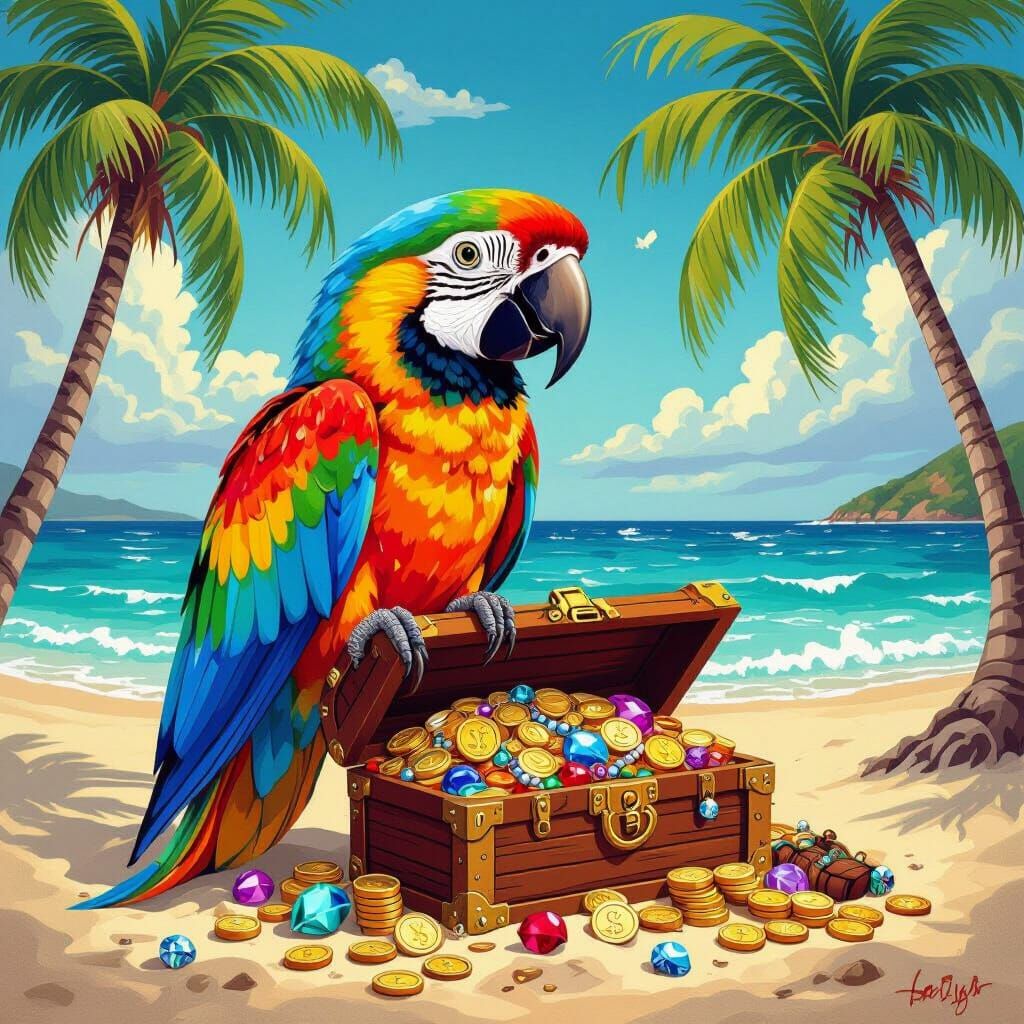 Colorful Parrot on Treasure Chest, Rousseau Style