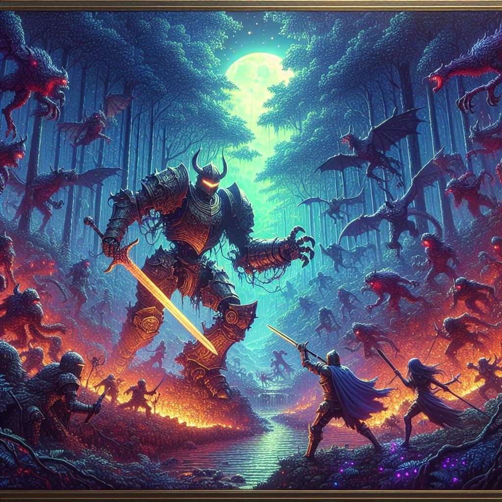 Robot Knight Battles Demons in a Dark Forest