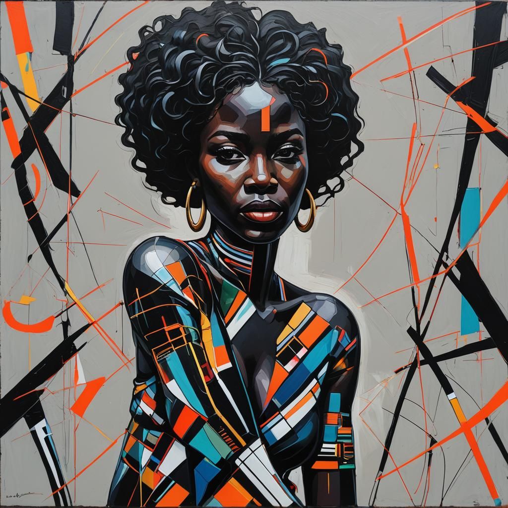 Abstract Acrylic Painting of Black Woman with Geometric Elem...