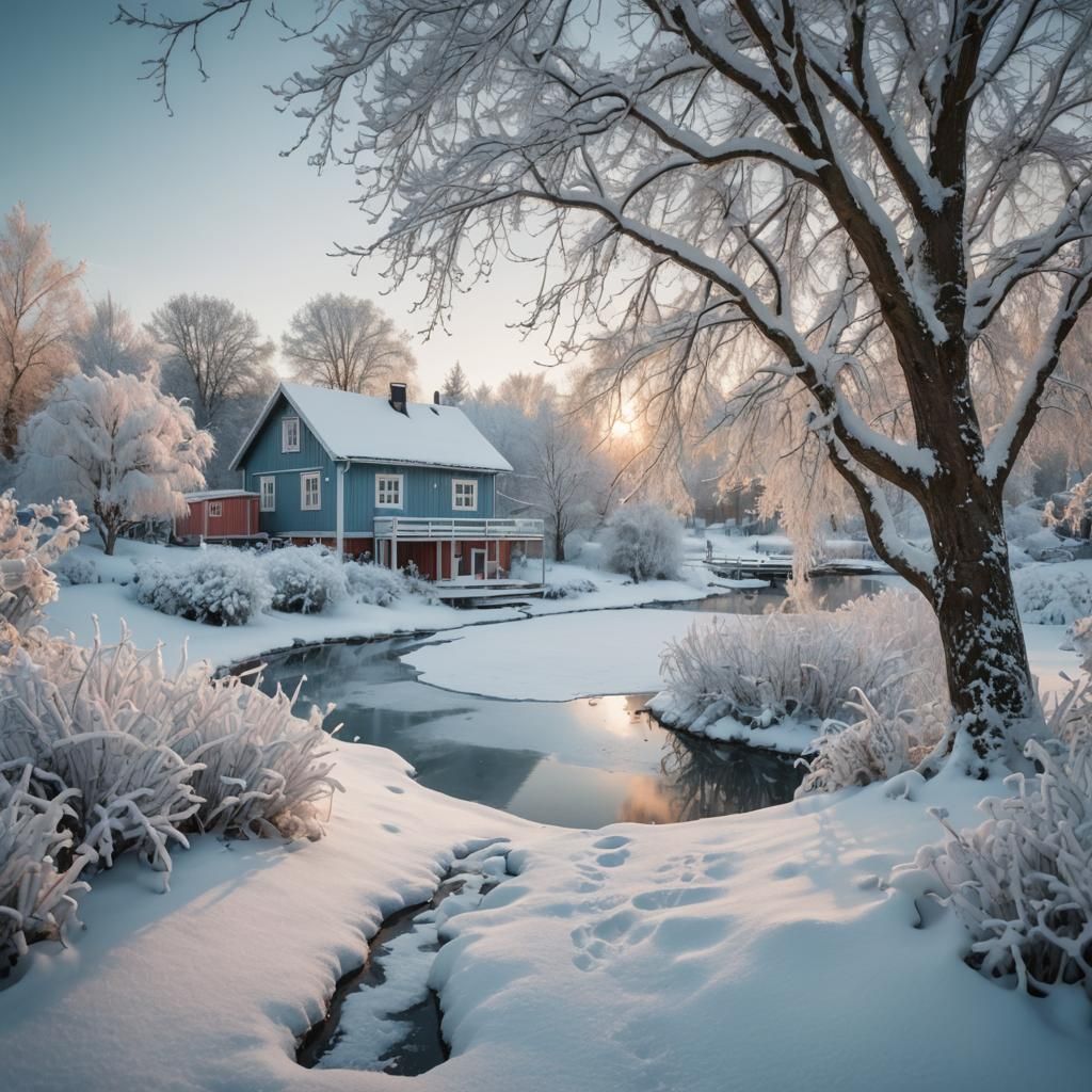 Snowy Norwegian Garden in Winter Light