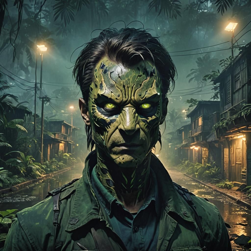 Cinematic Predator Portrait in Misty Jungle
