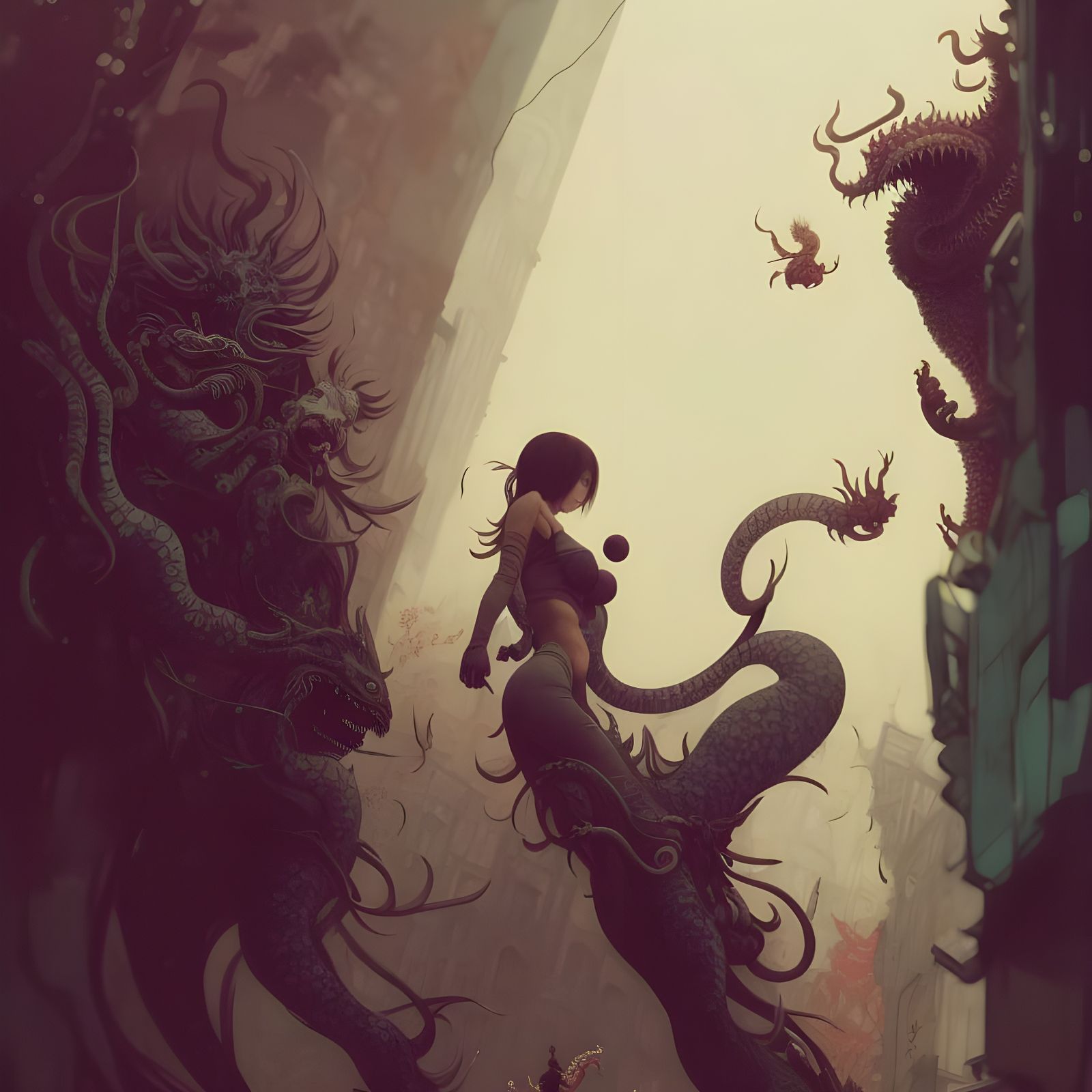 Detailed Mural of Demons and Girls in Manga Style