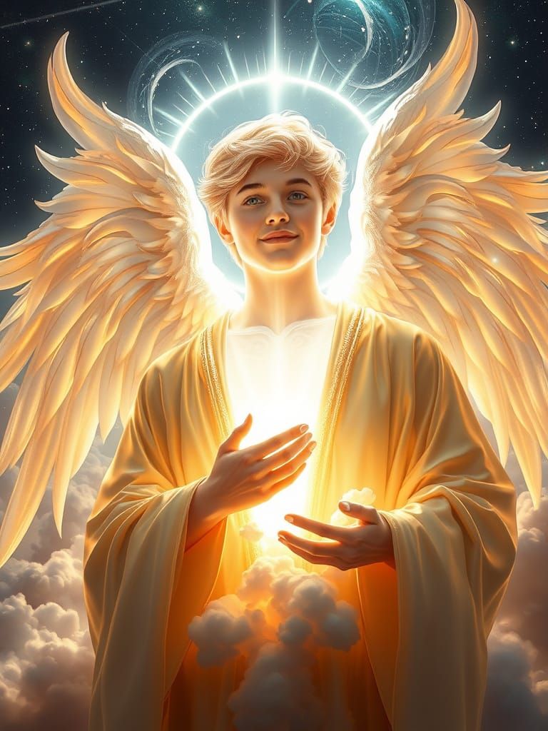 Joyful Archangel in Celestial Heavens, Hyperrealistic Art