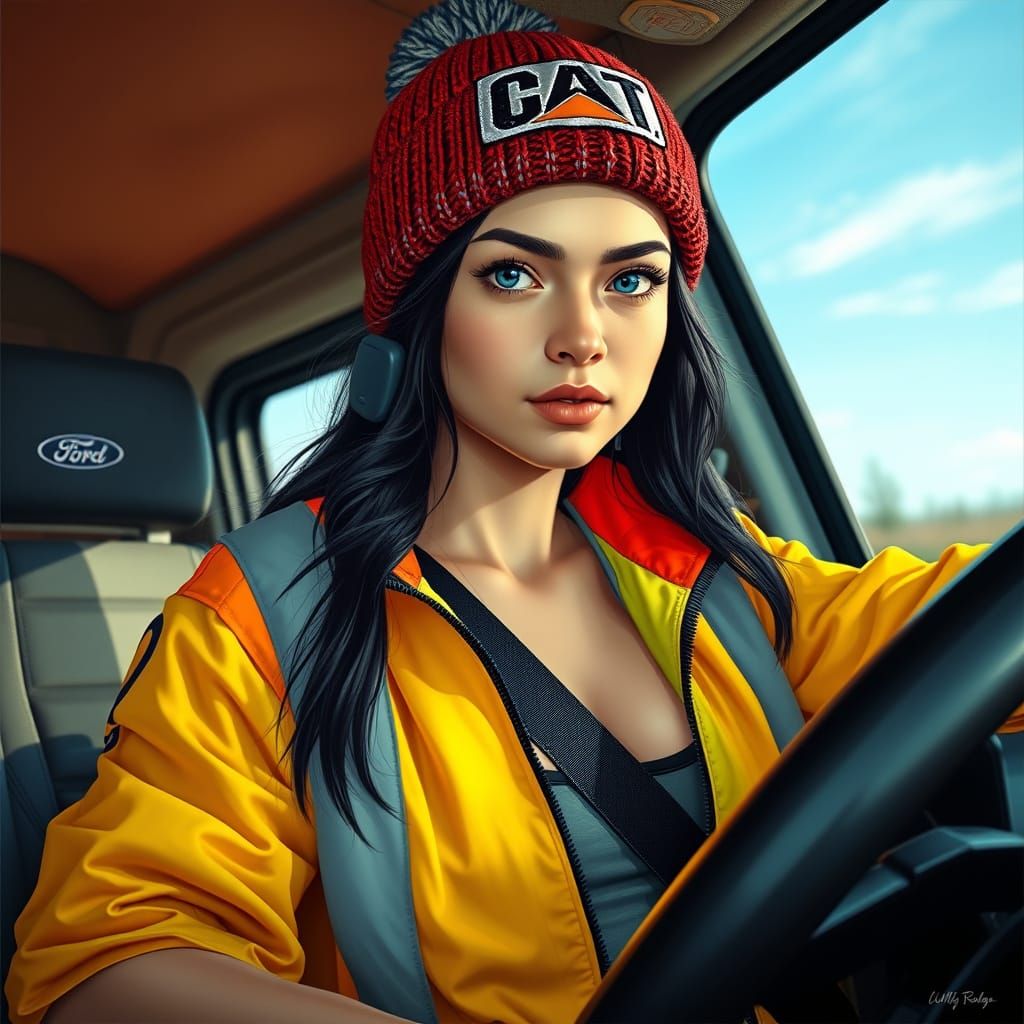 Truck Driver with CAT Cap in Photorealistic Style