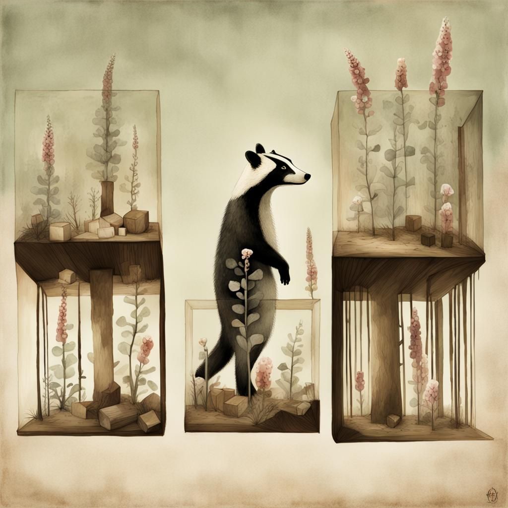 Double Exposure Badger with Foxgloves in Gouache Watercolor