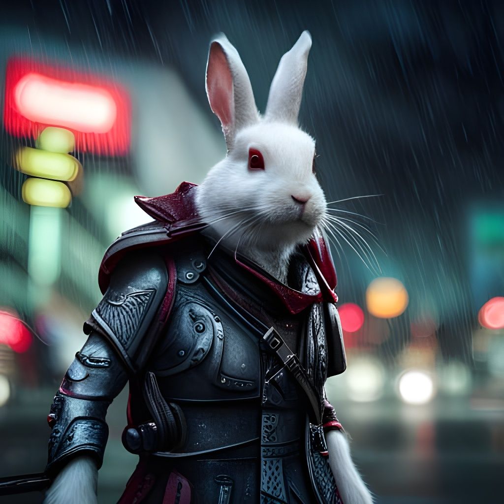 Cyberpunk Samurai Rabbit in Rainy Cityscape