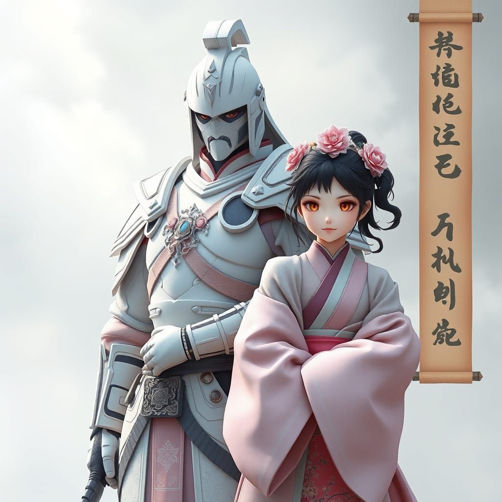 Stoic Commander Guards Princess in Misty Anime Art