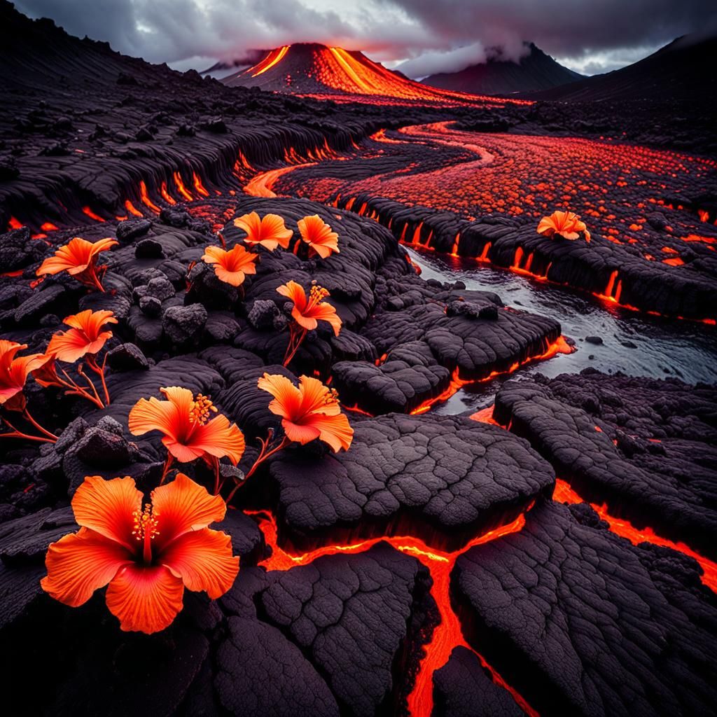 Lava Hibiscus Field Flowing From Volcano