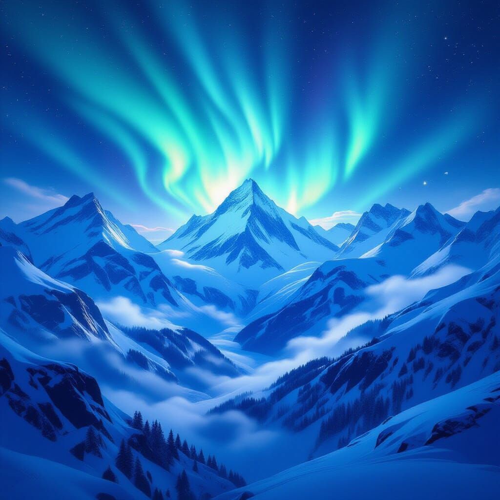 Surreal Ice Crystal Alps Under Aurora Borealis