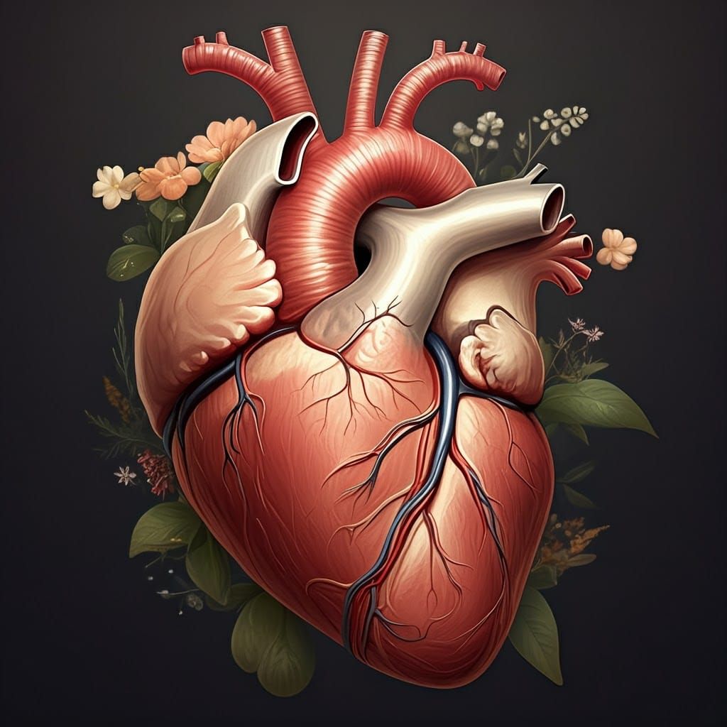Anatomical Heart with Flowers in Whimsical Style