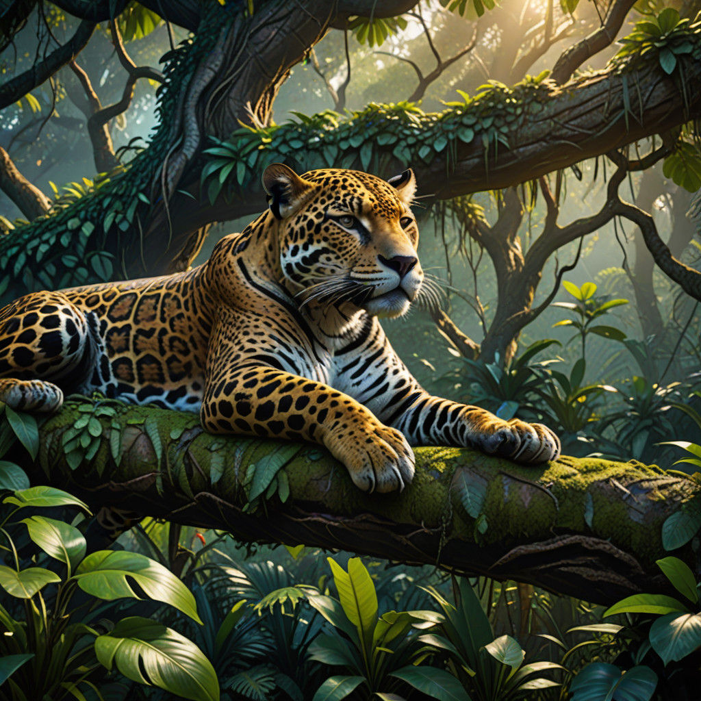 Hyper-Realistic Jungle Scene with Sleeping Jaguar in Majesti...