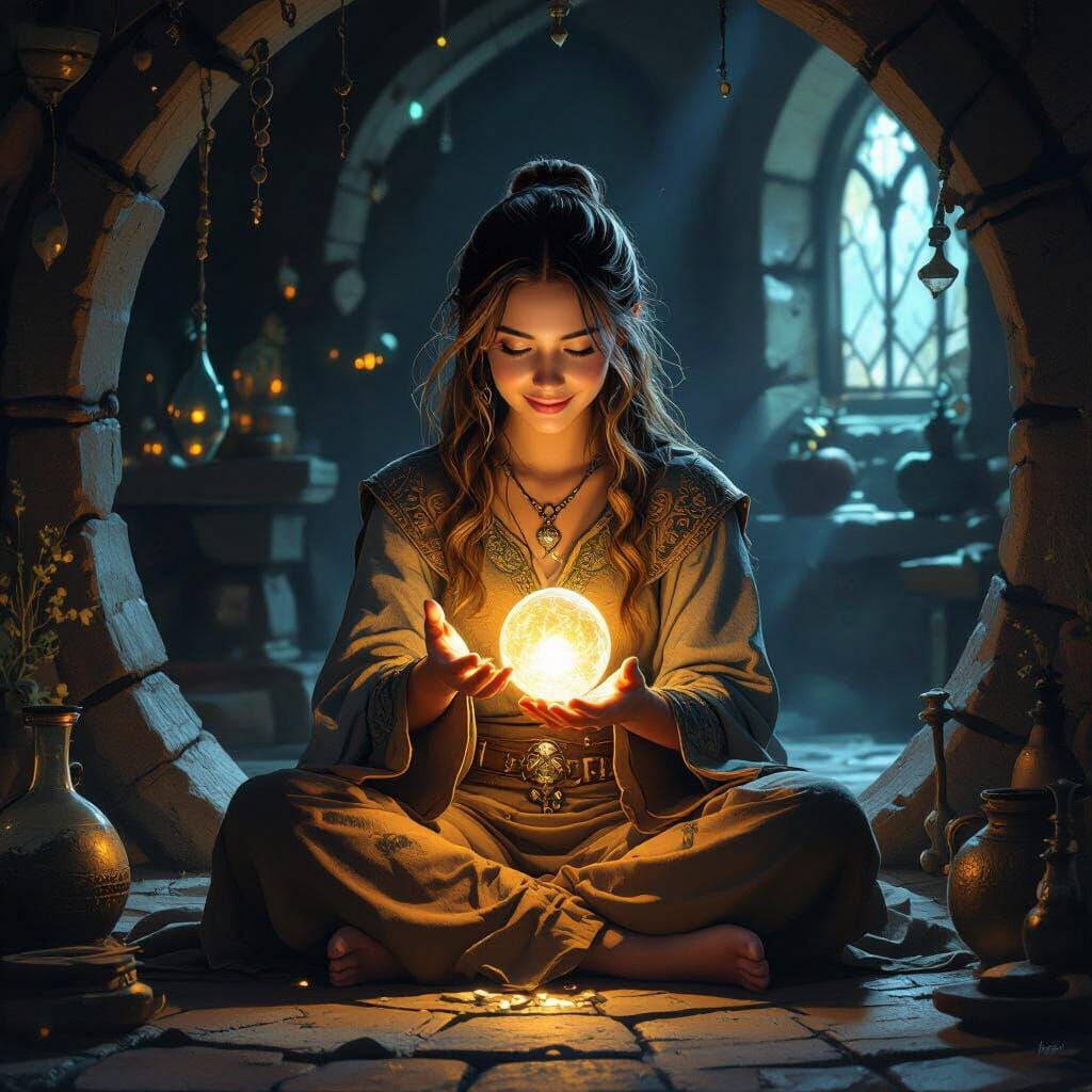 Alchemist Liora Tests Magical Orb in Workshop